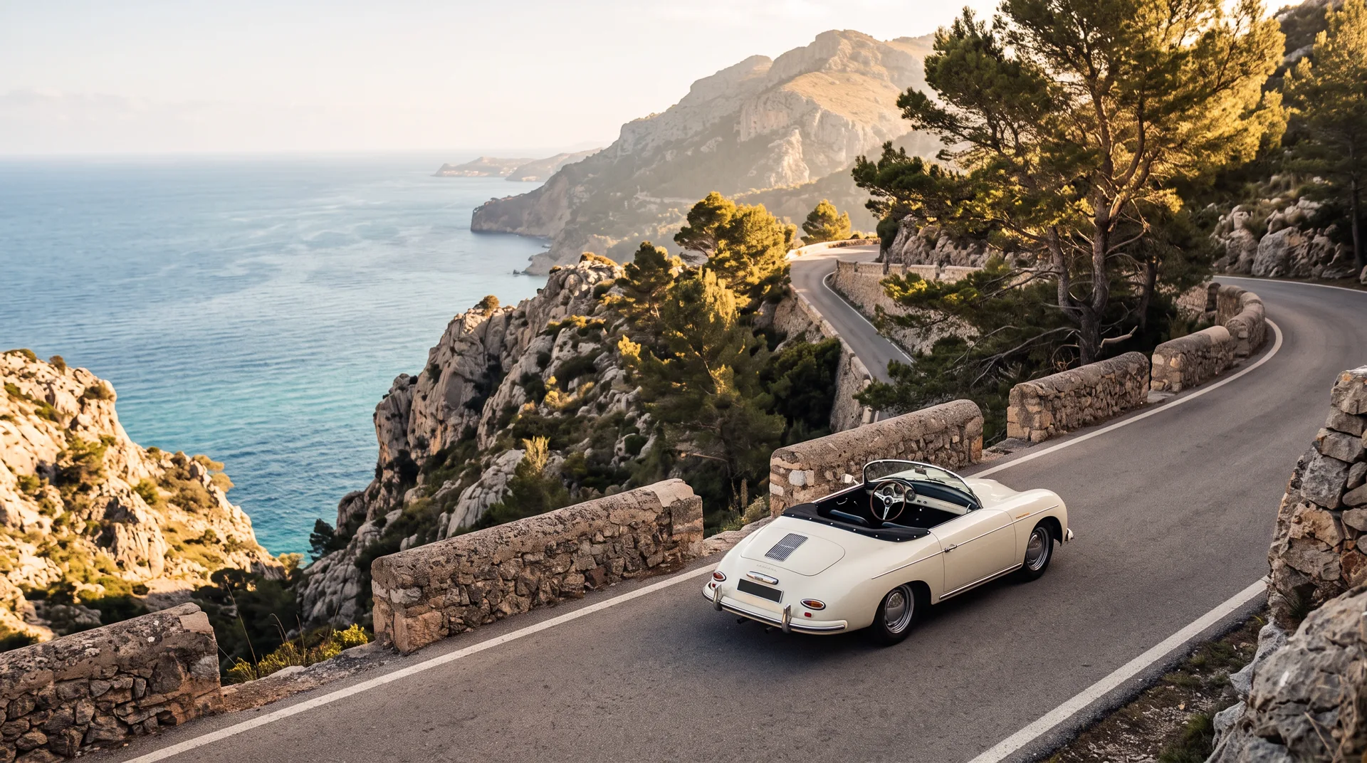 Cremeweißes Oldtimer-Cabrio auf der Küstenstraße der Serra de Tramuntana über dem Meer auf Mallorca