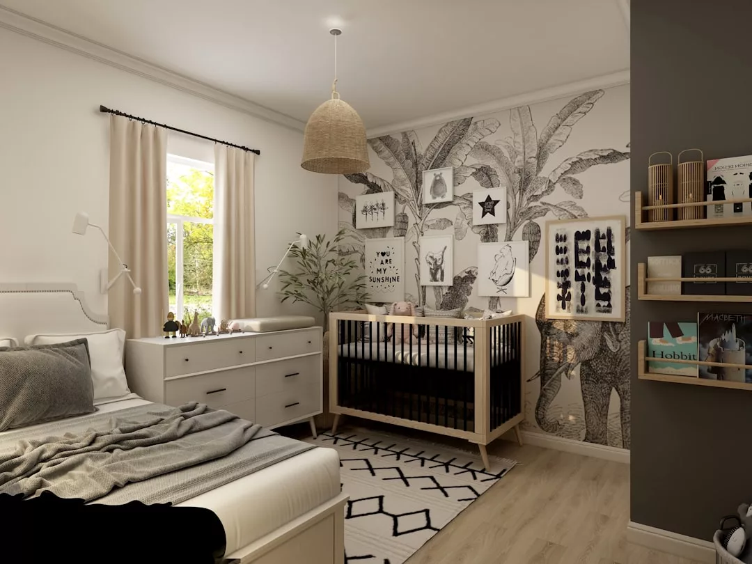 Ein ordentlich organisiertes, modernes Kinder- und Schlafzimmer mit Kinderbett, Bett, Kommode, Wandkunst, Pflanzen und neutralen Tönen, inspiriert von Mallorca, mit einer schwarz-weißen botanischen Tapete als Akzentwand.