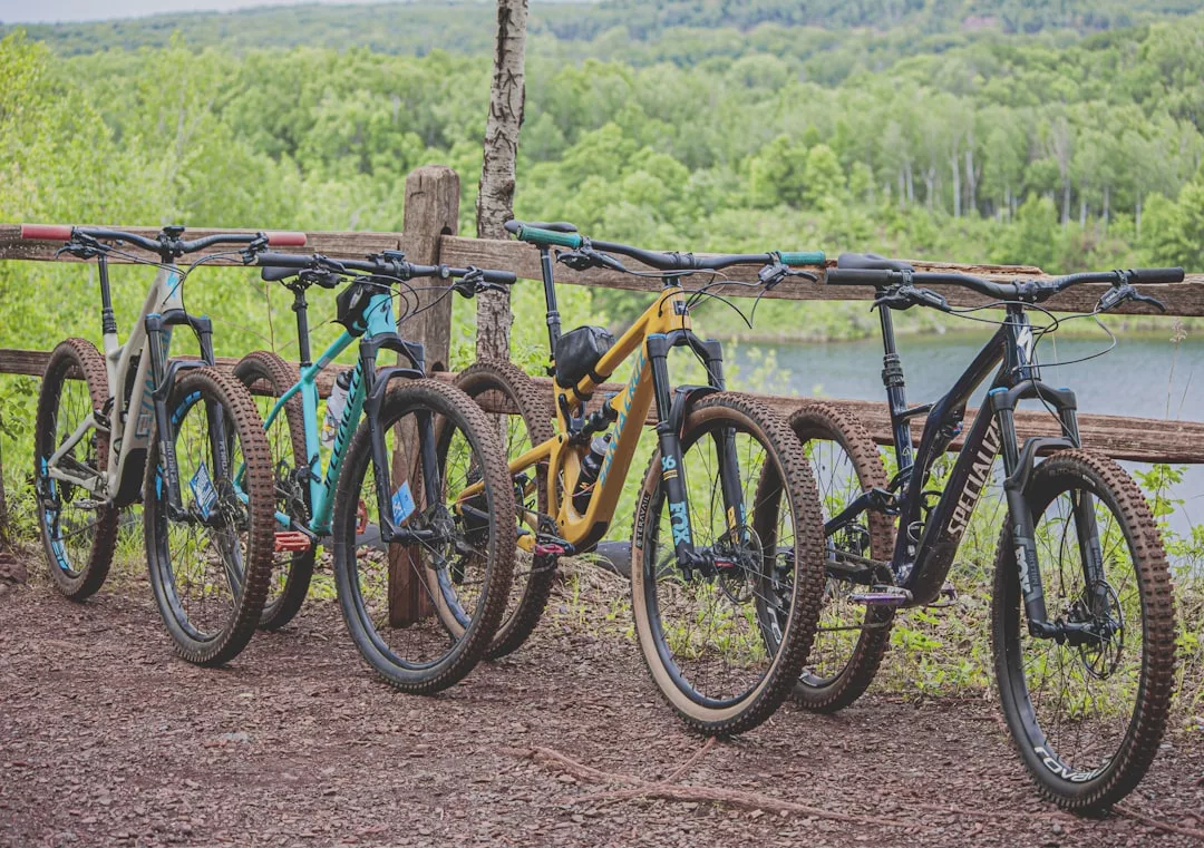Vier Mountainbikes stehen an einem Holzzaun mit Blick auf eine malerische, baumbestandene Landschaft und ein Gewässer auf Mallorca.