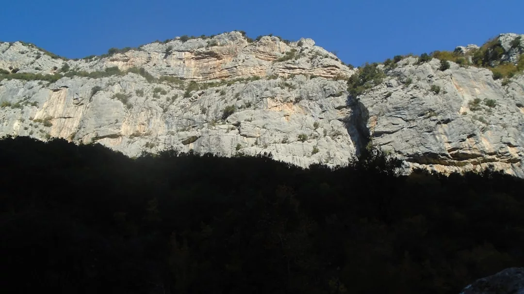 Ein großer Felsen mit geschichteten Gesteinsformationen erhebt sich über einem schattigen Bereich mit Bäumen auf Mallorca, vor einem klaren blauen Himmel.