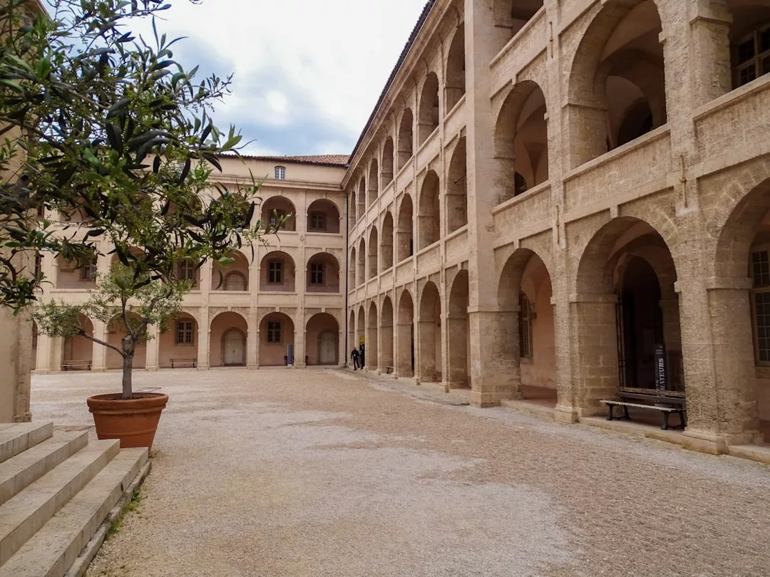 Ein großer steinerner Innenhof auf Mallorca, umgeben von einem dreistöckigen Gebäude mit gewölbten Gängen, einem Topfbaum auf der linken Seite und einem bewölkten Himmel darüber.