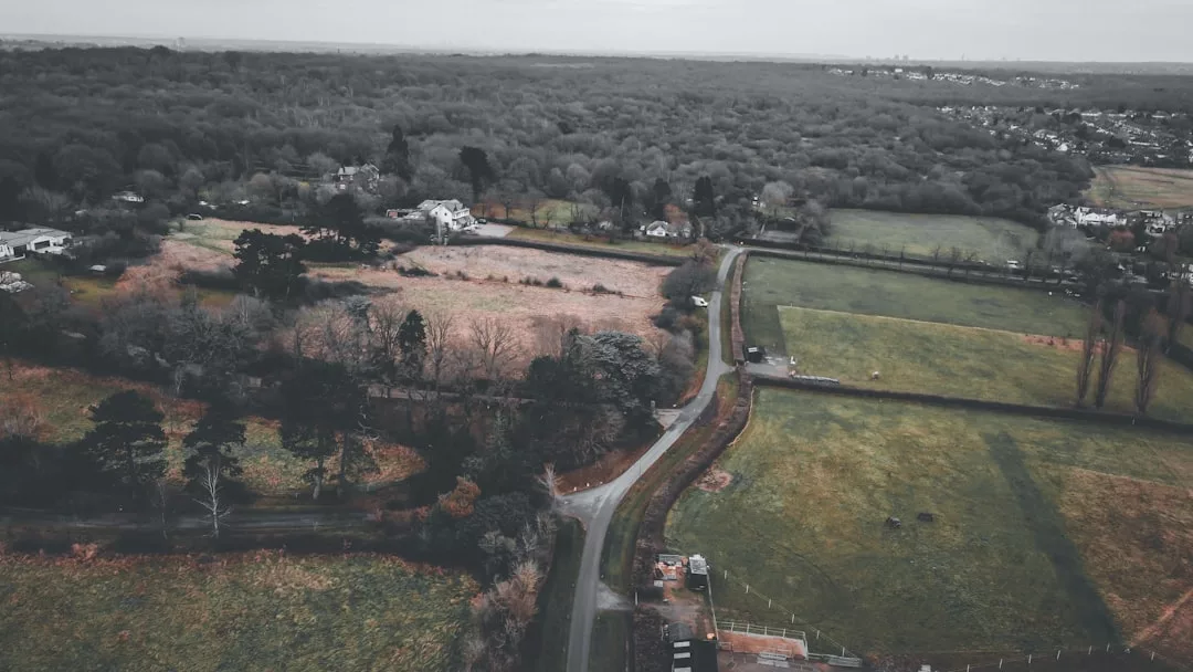 Luftaufnahme einer ländlichen Landschaft auf Mallorca mit Feldern, verstreuten Häusern, kurvenreichen Straßen und einem dichten Wald im Hintergrund bei bedecktem Himmel.