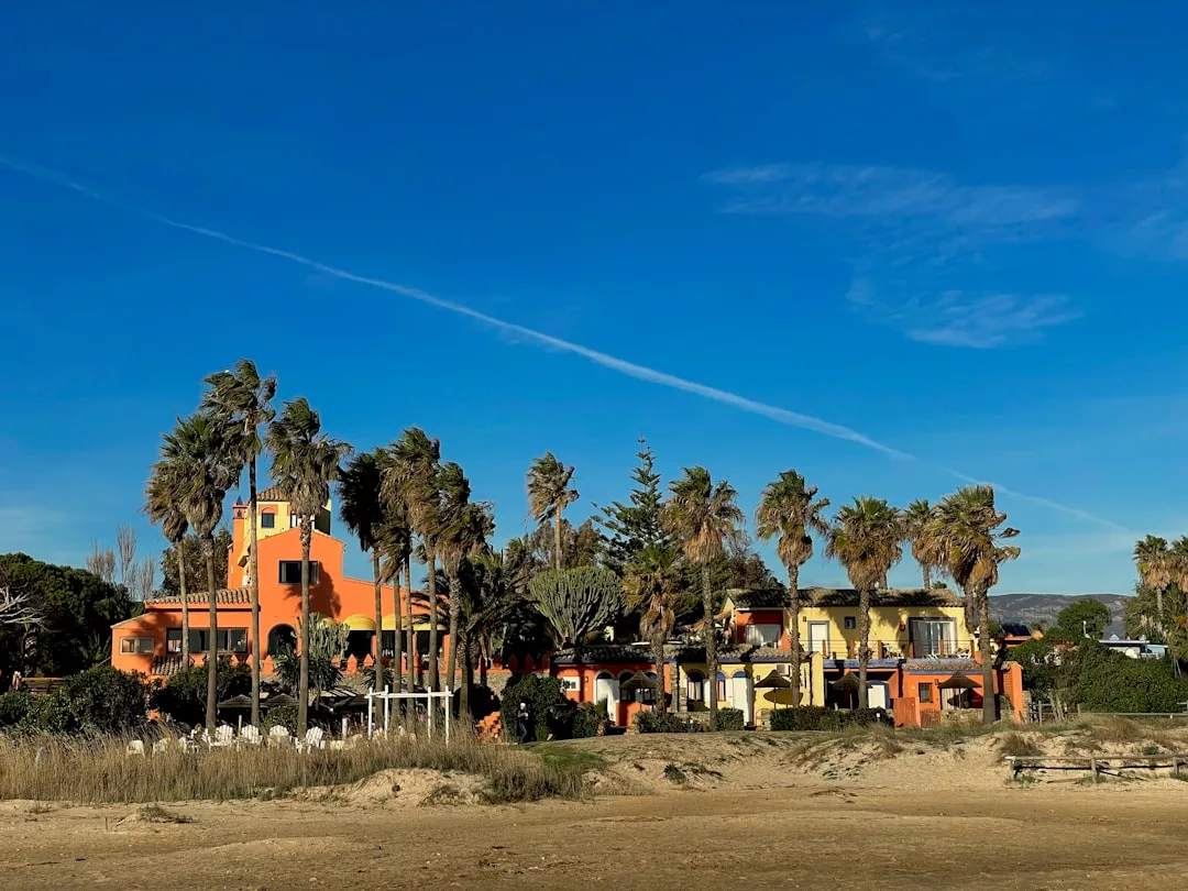 Bunte Häuser mit Palmen stehen in der Nähe des Sandstrandes auf Mallorca, unter einem klaren blauen Himmel mit einem sichtbaren Kondensstreifen.